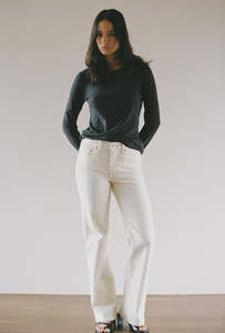 Bottoms: Effie Mid Flare Jean Soft White