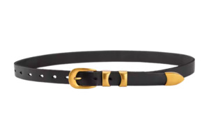 Accessories: Black Leather Belt with Gold Buckle Double Strap - Mary