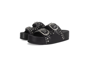 Wide Fit: Black Studded Chunky Slides - Luna