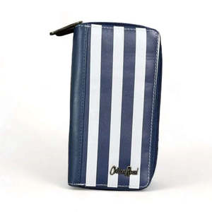 Wallets: Cotton Road Large Wallet - PU Leather with Navy & White Stripes