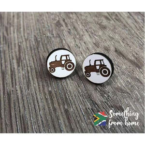Earrings - White Circle with Tractor