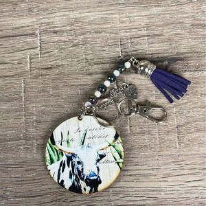 Key Tag - Wooden Circle with White and Black Cow