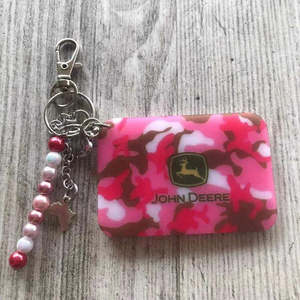 Key Rings And Tags: Keyring - Pink John Deere Camo
