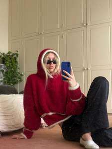 Products: a hooded knit - ruby/cream (made to order)