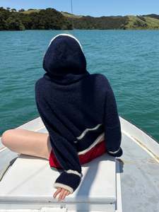 Products: a hooded knit - navy/cream (made to order)