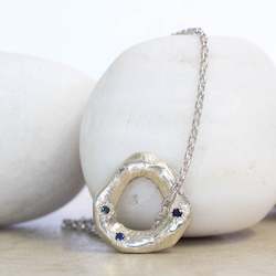 Necklaces: Circle Pendant - White Gold and Blue Sapphires - Large