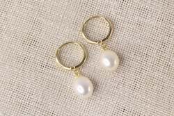 Products: Pearl Drop Huggie Earrings - White - 9ct Yellow Gold
