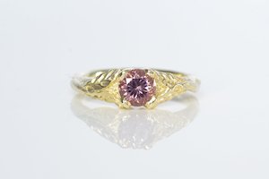 Engagement Ring: Damo Ring - 14ct Yellow Gold with Pink Malaya Garnet