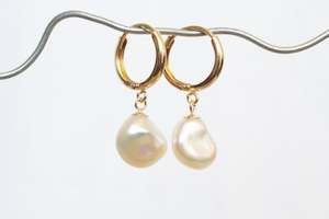 Earrings: Keshi Pearl Drop Huggie Earrings - White - 9ct Yellow Gold