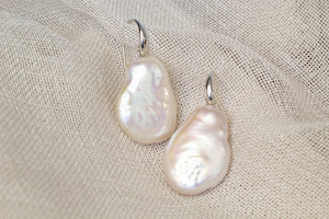 Flat-Baroque Pearl Drop Hook Earrings - White - Sterling Silver