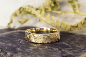 Gem Set Bands: Wide Bark Band with Diamonds  - 9ct Yellow Gold
