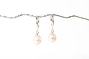 Semi-Baroque Pearl Drop Huggie Earrings - White - Sterling Silver