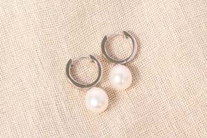 Pearl Drop Round Huggie Earrings - White - Sterling Silver