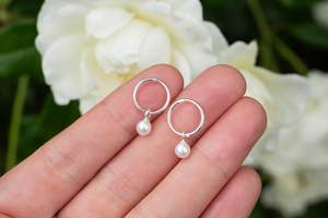 Round Pearl Drop Sleepers - White - Sterling Silver