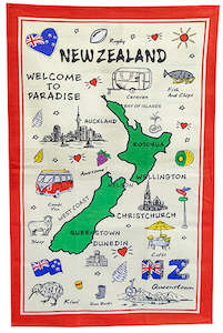 Tea Towels: Welcome To Paradise NZ Map Tea Towel
