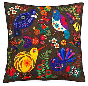 Cushion Covers: Cushion Cover - Retro Birds, Dark Brown