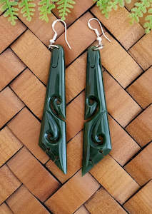 Greenstone Earrings: NZ Greenstone Drop Koru Earrings 73mm #57