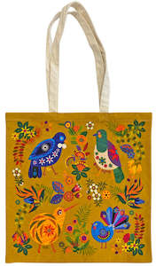 Retro Birds Cotton Tote Bag - Mustard