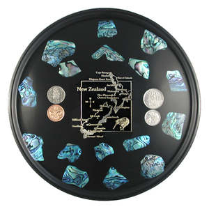 Nz Paua Shell: Bar Tray - NZ Map Paua Pieces - Four NZ Coins