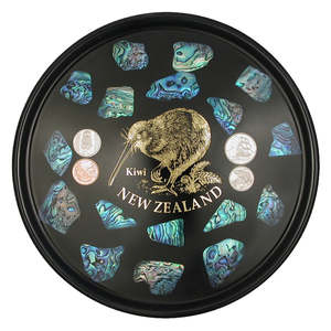 Nz Paua Shell: Bar Tray - Kiwi Paua Pieces - Four NZ Coins
