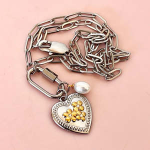 Gifts 50 100: Floral Heart w Pear & Carabiner Necklace - Silver