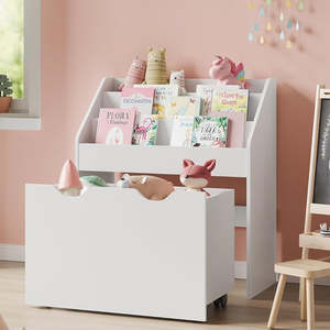 Songmics: Kids’ Storage Bookcase – 3 Shelves with Rolling Toy Box