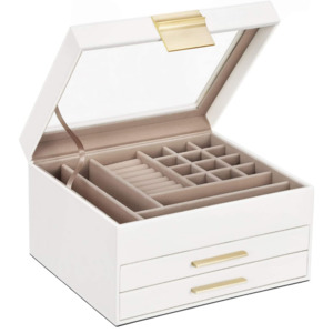 Jewellery Watch Storage: Jewellery Box with Glass Lid 3-Layer - White