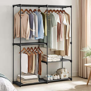 Portable Wardrobe with 3 Hanging Rods and Shelves