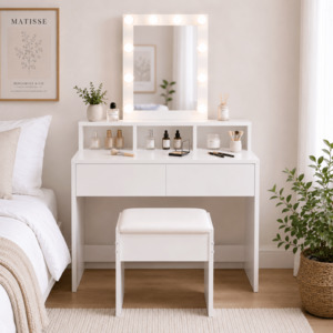 Ella Dressing Table with LED Lights & Stool – White