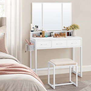 Tri-Fold Mirror Dressing Vanity Table with Stool and Drawers