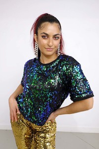 Unisex Sequin Tops: GREEN SEQUIN T-SHIRT
