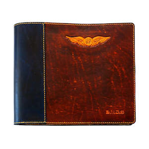 Pilot Logbook Covers: CASA (Australia) Pilot Logbook Cover - book closure, 2 colour spine / front, carved wings /embossed initials