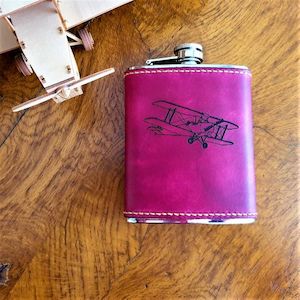 Gifts For Pilots: Tiger Moth 6 oz Hip Flask - Hand Dyed Leather on Stainless Steel - Laser Engraved