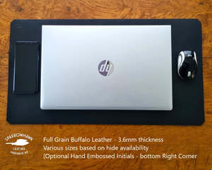 Business Gifts: Buffalo Leather Desk Pad 3.6mm - Matt Black - Optional Embossed initials - various sizes