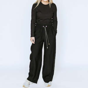 Moke: Moke Indiana Wide leg pants - Black with Satin Stripe
