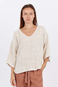 Carbon The Label Aroma 3/4 Sleeve V Neck Top - Natural