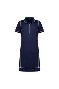 Vassalli Sale: Vassalli Short Sleeve Contrast Stitch Knit Dress with Zip Front Neck and Pockets - Ink