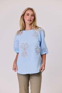 Blouse: Classified Printed Linen Top - Pale Blue