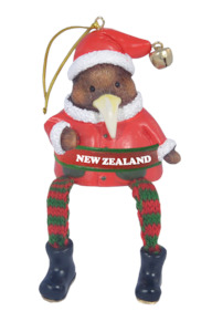 Hanging Xmas Kiwi with 'New Zealand' Decoration - Dangling Legs