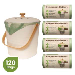 Bin Liners: Ecopack Compost Bin Set: Kitchen Compost Bin + 8L Green Compostable Bin Liners (4 Rolls/120 Bags)