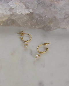 Earrings: Luna Hoops | Pearl + Rainbow Moonstone