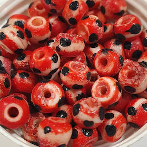 Bone Beads: Bone Bead, Rondelle, Red with black spots, 6x8mm (20pcs)