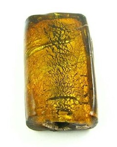 Handmade Glass Beads Foil Gold Spun: Indian Glass, Silver Foil, Rectangle, Golden, 34x19mm (10pcs)