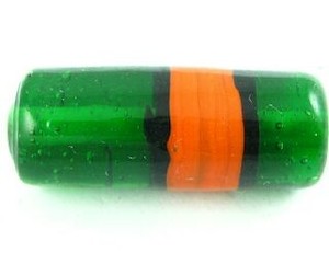 Handmade Glass Beads Lamp Work: Indian Lampwork, Tube Stripe, Green/Orange, 27x11mm (10 pcs)