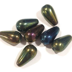 Pressed Czech Glass: Czech Glass, Drop, Green Iris, 14x8mm (10 pcs)