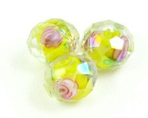 Chinese Crystal: Chinese Crystal Covered Lampwork, Rondelle, Pink Rose, Yellow, 8x11mm (5 pcs)