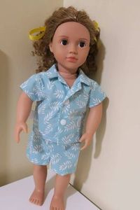 Products: Doll pajamas teal with leaf print, fits 46cm doll