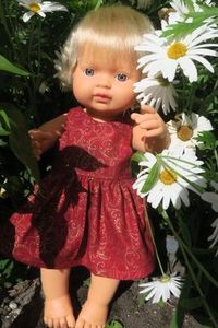 Products: Doll dress, red, gold swirls, fits 38cm Miniland dolls