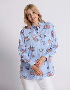 Tops: Estella Shirt - Floral Blue Stripe