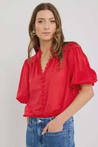 Clothing: Continuance Ramie High Neck Buttoned SS Top / Poppy